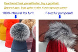 Wool/acrylic, fox fur pompom winter hats.