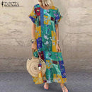 Women's ZANZEA Summer Bohemian Long, Short Sleeve Floral Print Sundress.