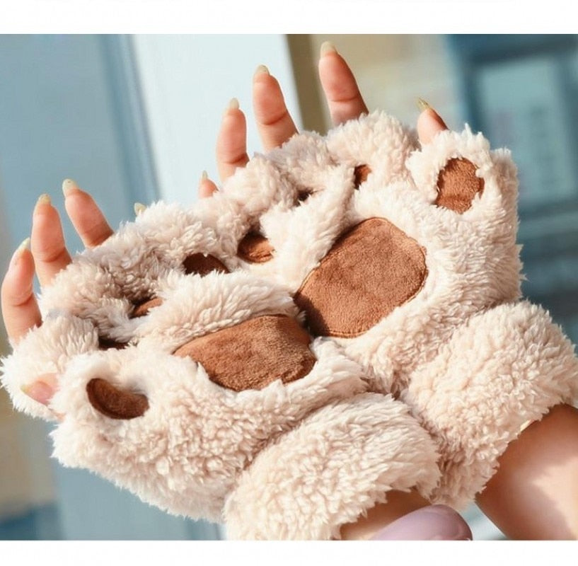 Winter Faux Fur Plush Warm Half Finger Mittens/Gloves.