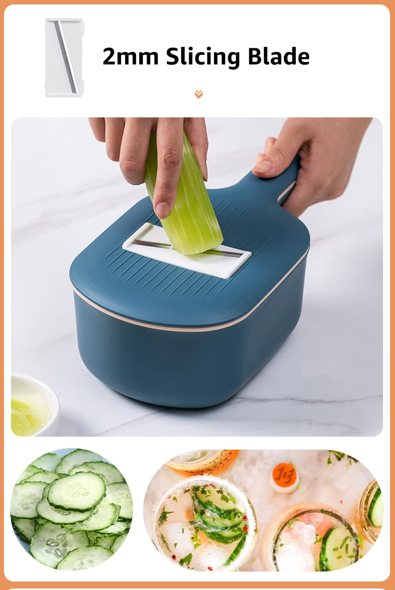 Multi-function Mandoline for Potato, Carrot, Cucumber. This fruit/vegetable tool lets you slice, cut, grate and can be used as a strainer.