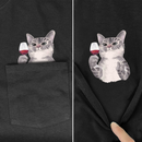 CLOOCL Men's and Women's vCotton Black T-shirt With Cat And Wine Pocket.