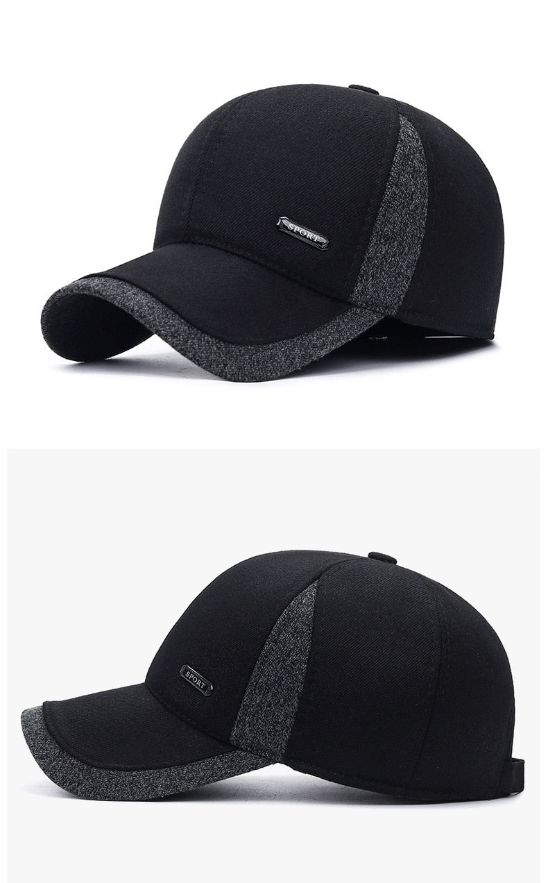 Winter Wool Baseball Cap with snapback Ear Flaps.