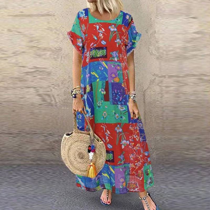 Women's ZANZEA Summer Bohemian Long, Short Sleeve Floral Print Sundress.