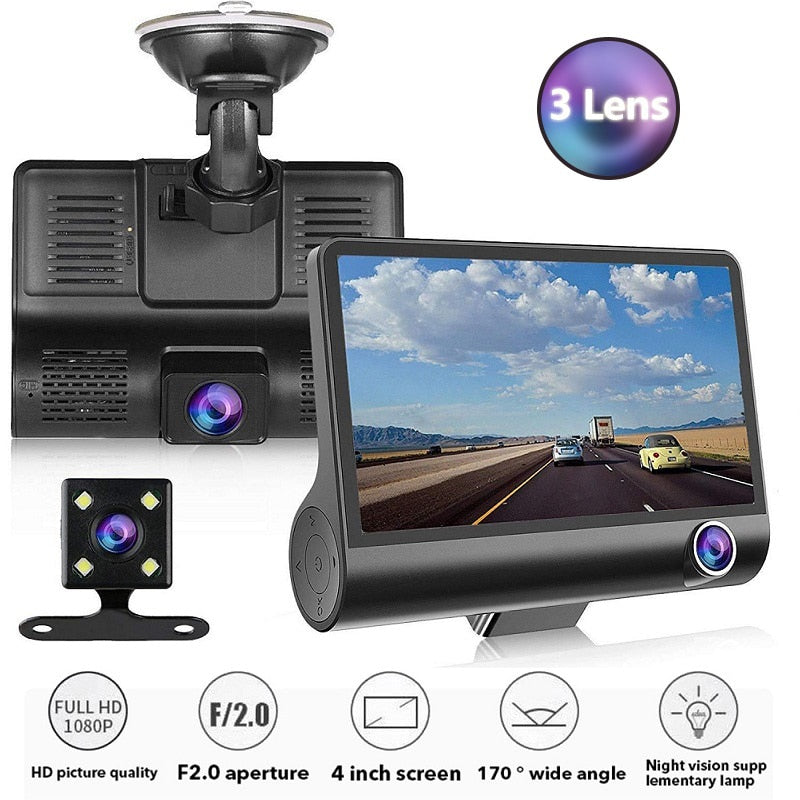 Car DVR 3 Cameras Full HD 1080P Dual Lens. 4.0 inch LCD Screen with 170 Degree Rear view.
