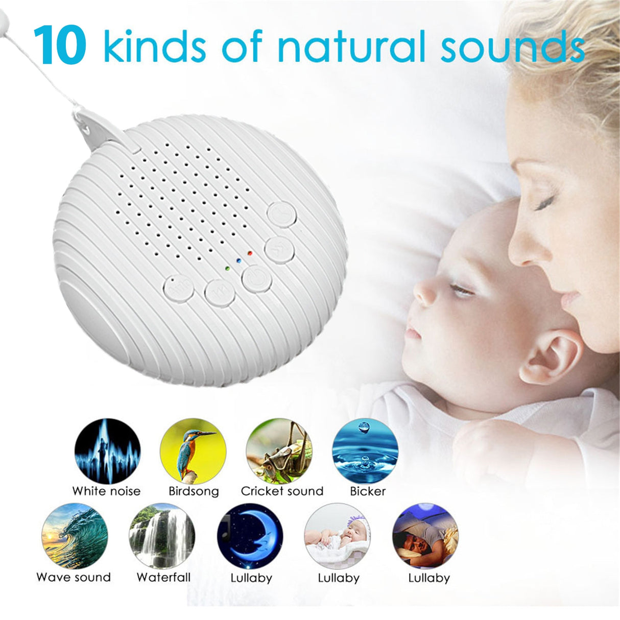 White Noise Machine With USB Rechargeable, Night Light And Timer For Automatic Shutdown.