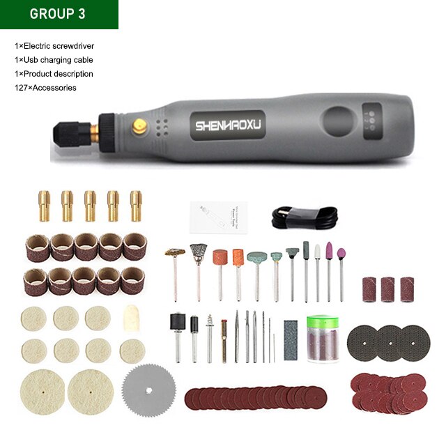 Mini dremel with accessories.  Cordless, USB charger,  3 speed grinder, polishing tool and  engraving pen.