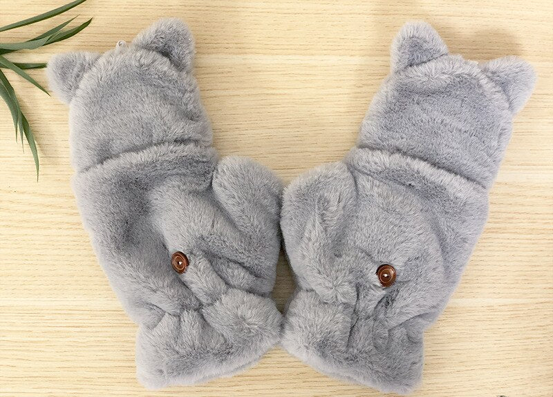 Winter Faux Fur Plush Warm Half Finger Mittens/Gloves.