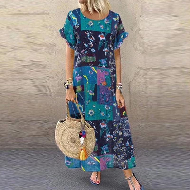 Women's ZANZEA Summer Bohemian Long, Short Sleeve Floral Print Sundress.