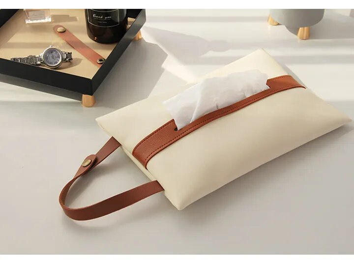 Leather Pu Tissue Bag With Strap For Easy Access In Your Car.