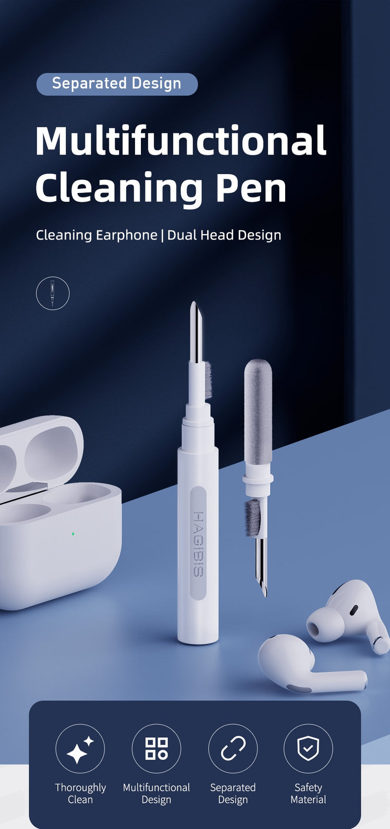 Hagibis Cleaner Kit for earbuds . Kit includes all in one pen with metal tip, brush head and sponge to clean hard to get places.