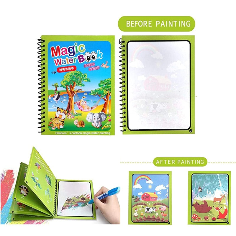 Doodle Magic water coloring cartoon book and pen.