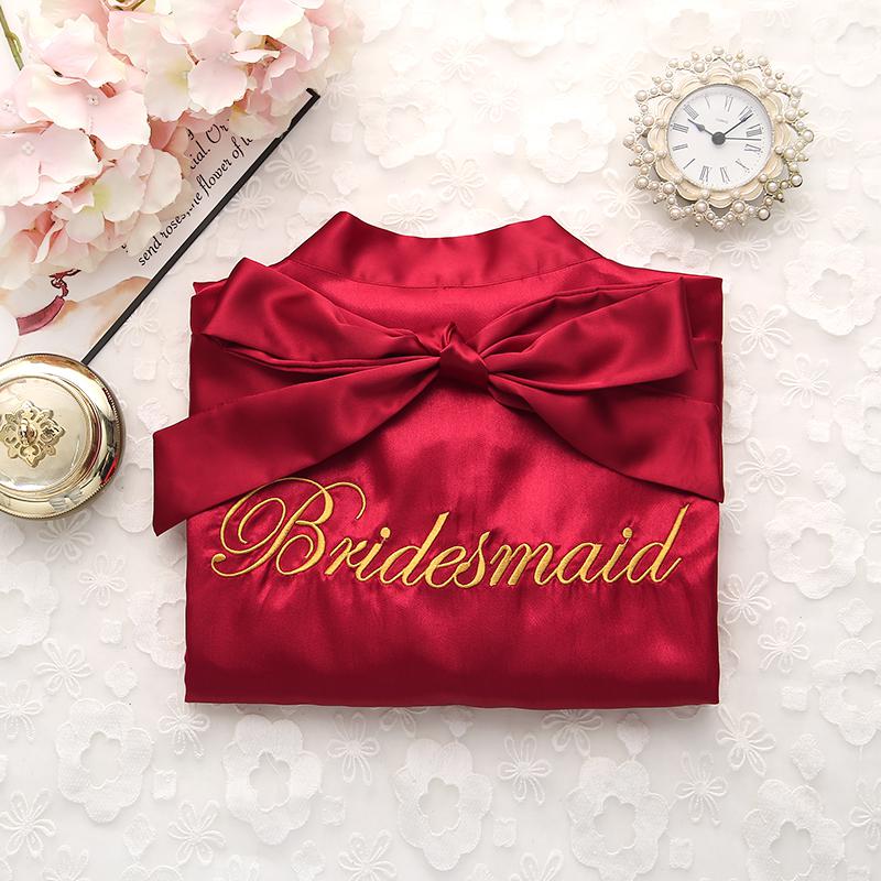 Short satin embroidered Bride and Bridesmaid bathrobe.