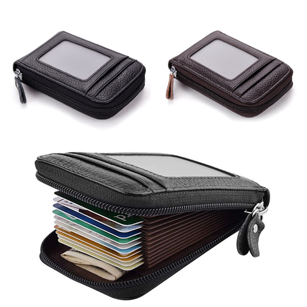 RFID unisex genuine leather business card holder or bank card holder. Secured closer with a zipper.