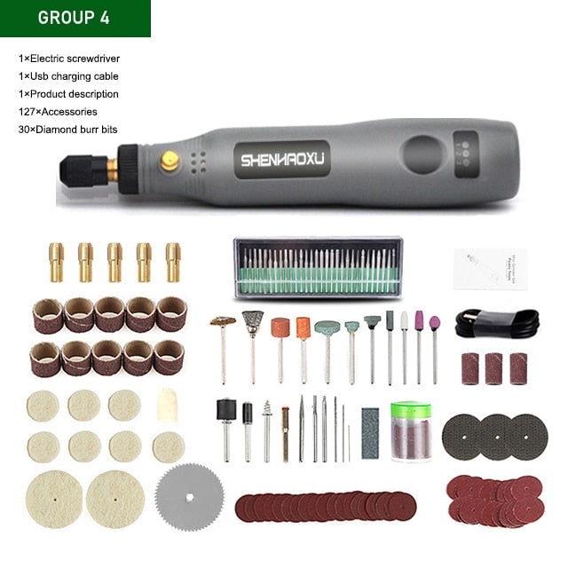 Mini dremel with accessories.  Cordless, USB charger,  3 speed grinder, polishing tool and  engraving pen.