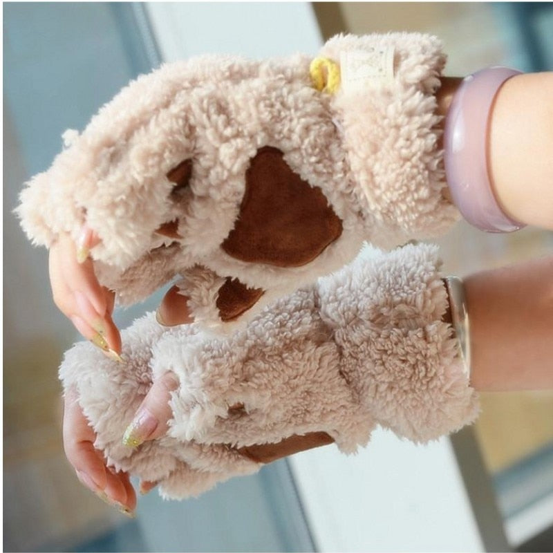 Winter Faux Fur Plush Warm Half Finger Mittens/Gloves.