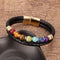 Genuine Black Leather Chakra Men's Bracelet  With 7 Color Natural Yoga Healing Beads.