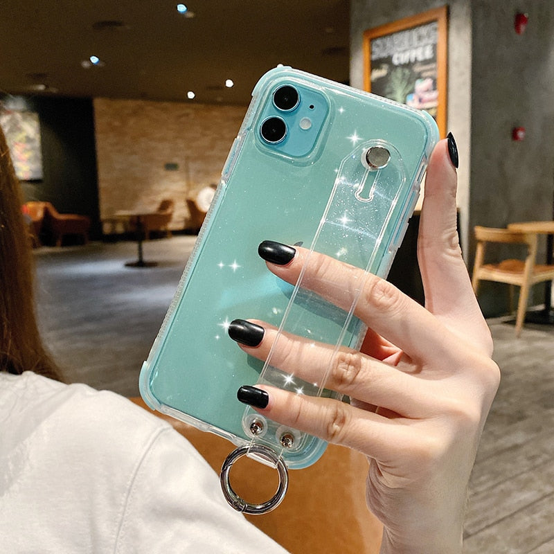 Glitter Powder Case For iPhone 12 13 11 X XR XS Max 7 8 Plus Transparent Soft TPU Wrist Strap & Shockproof Back.