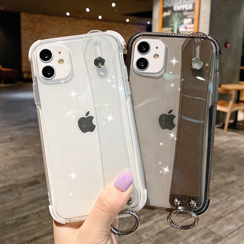 Glitter Powder Case For iPhone 12 13 11 X XR XS Max 7 8 Plus Transparent Soft TPU Wrist Strap & Shockproof Back.