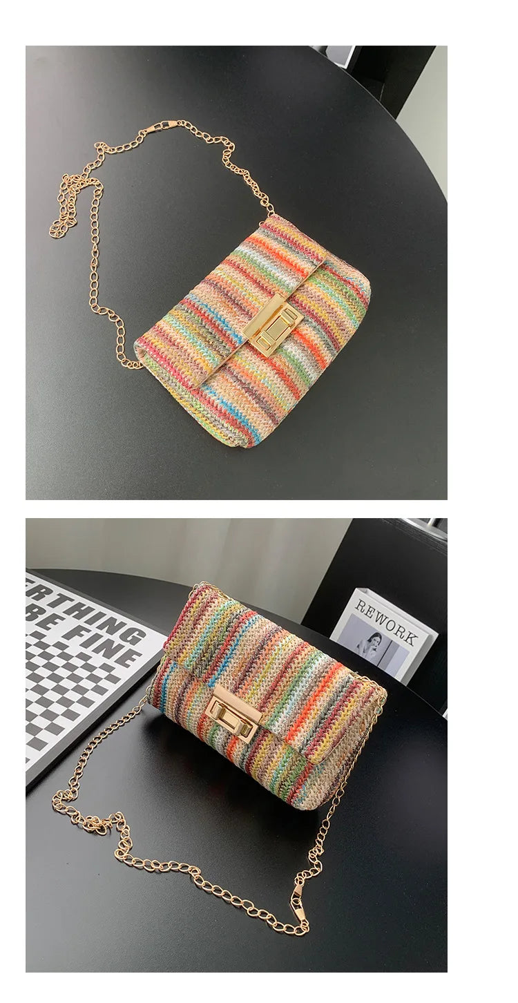 Women's Straw Rainbow Stripe Shoulder Crossbody Handbag With Chain Strap