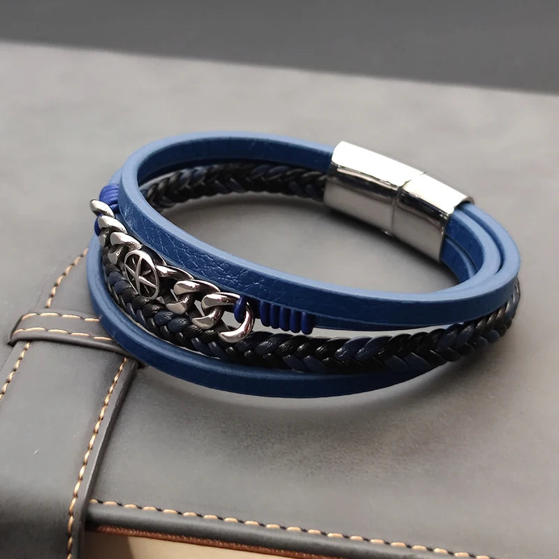 Blue Braided Leather Hexagram Bracelet With Stainless Steel Magnetic Clasp