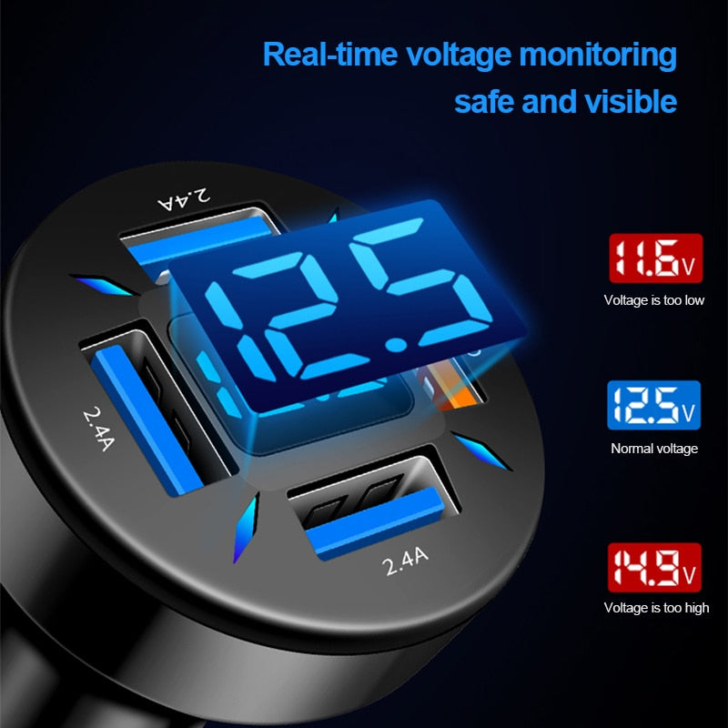 66W  Fast Charging Phone Charger for iPhone, Samsung. plugs into your cigarette lighter and has 4-USB ports