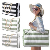 Striped Waterproof Canvas Summer Beach Tote Bag With Zipper