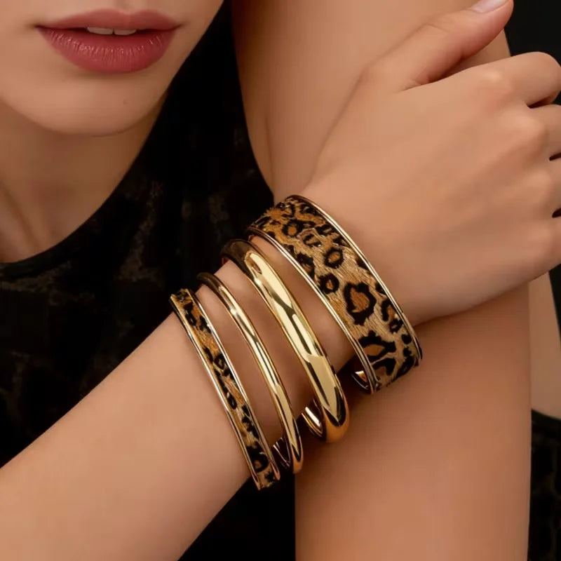4pcs Bohemian PU Leather Leopard Print Bracelet