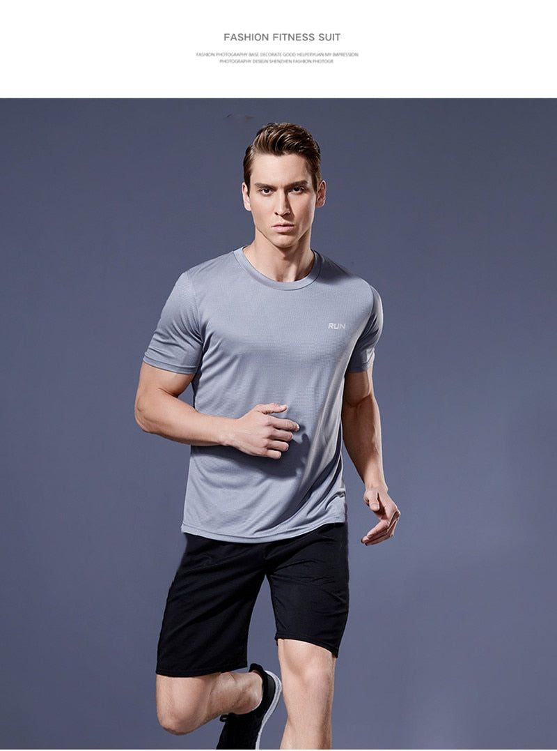 Men's multicolor short sleeve gym shirts. Quick drying, breathable sportswear