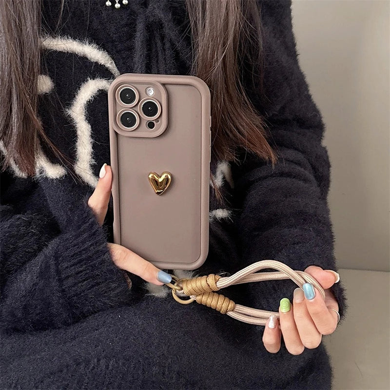 3D Golden Love Heart Soft Case With Strap For iPhone 16 17 Pro Max 15 14 13 12 11 Pro 16E 7 8 Plus