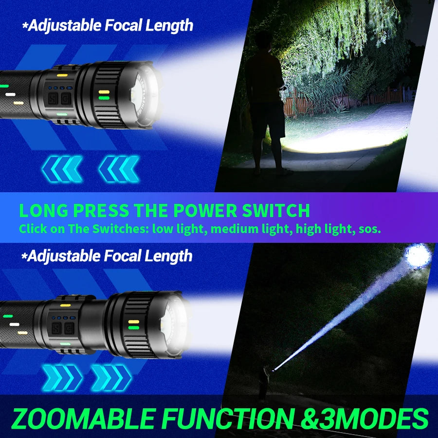 100W Rechargeable Long Range Zoomable LED Flashlight