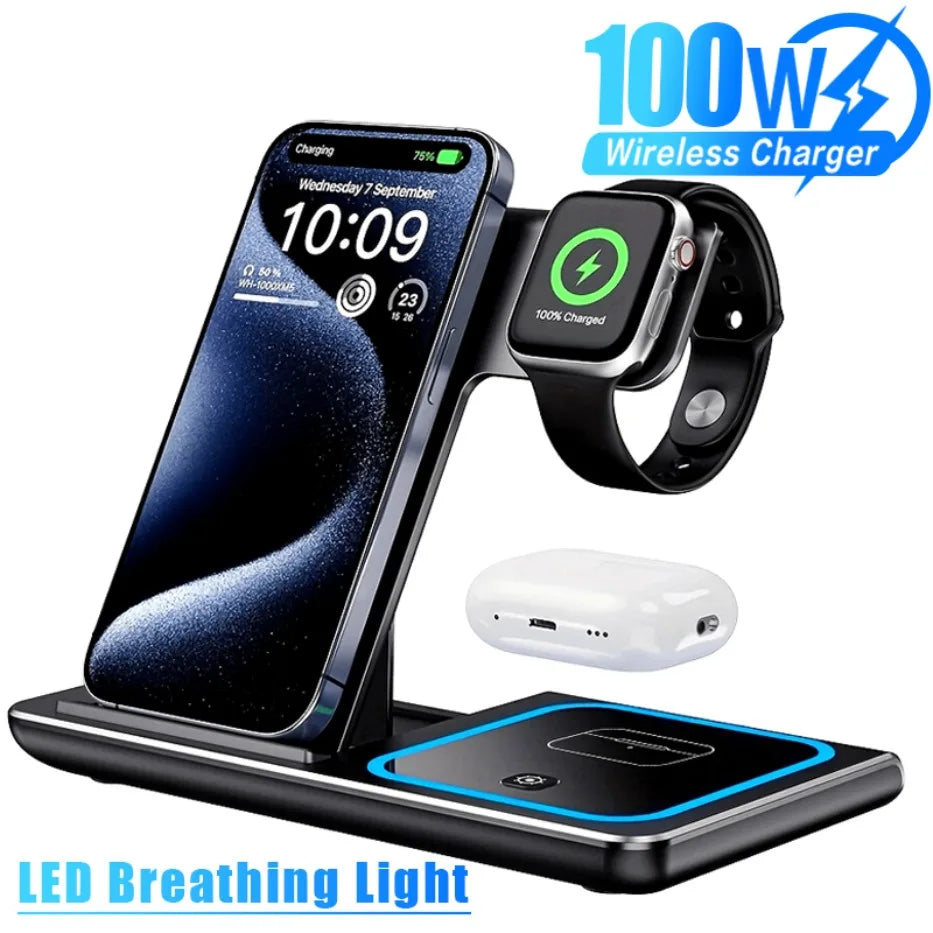 3 in 1 100W  Foldable Wireless Night Light Fast Charging Station For iPhone 16 15 14 13 12 And Apple Watch Airpods