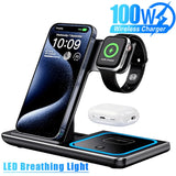3 in 1 100W  Foldable Wireless Night Light Fast Charging Station For iPhone 16 15 14 13 12 And Apple Watch Airpods