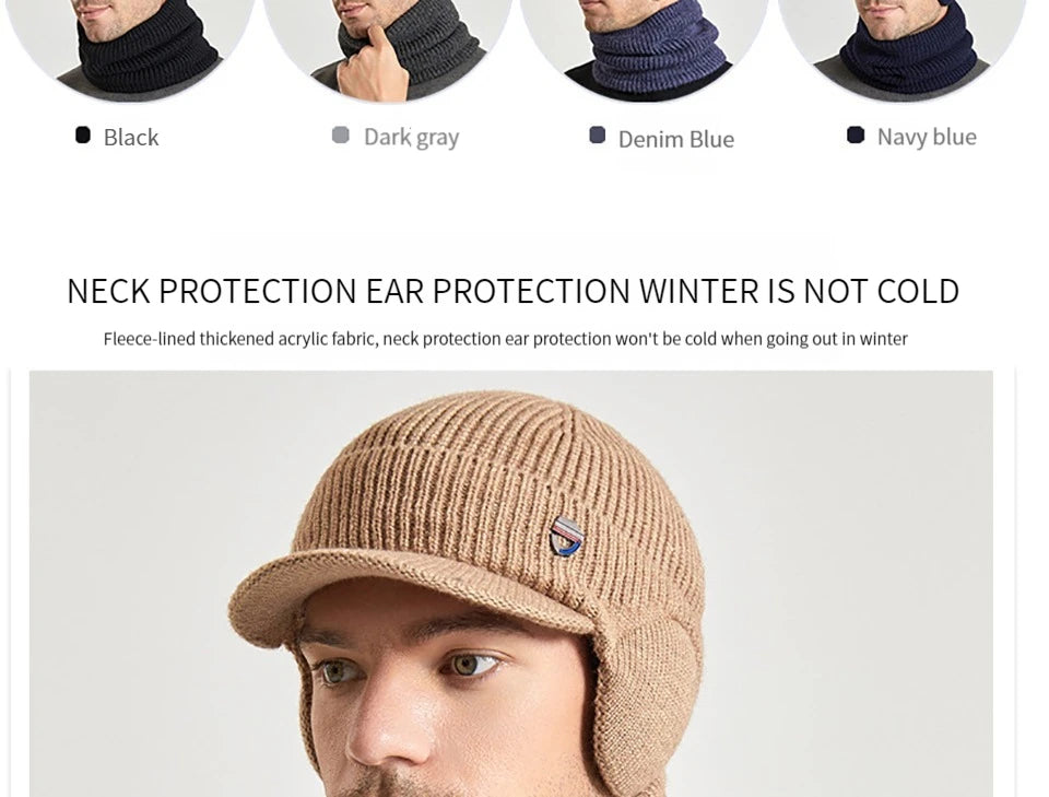Men Or Women's Knitted Neck Scarf And Hat With Extra Ear Protection