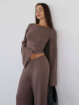 Women's 3 Piece Off Shoulder Sleeveless Cropped Tank Top With Elastic Wide Leg Pant And Long Cardigan