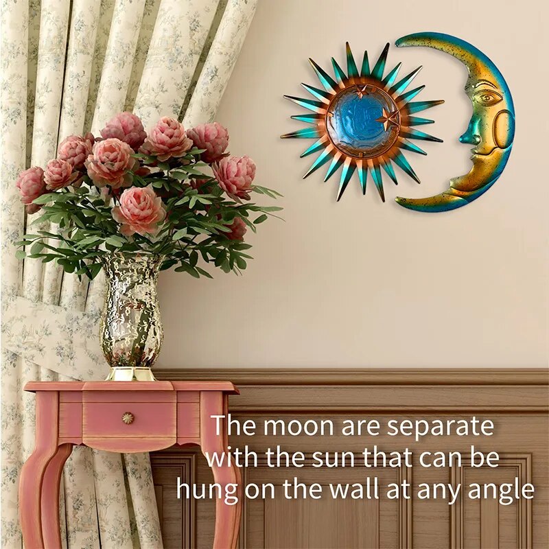 Indoor/Outdoor Metal Moon And Sun Wall Decor.