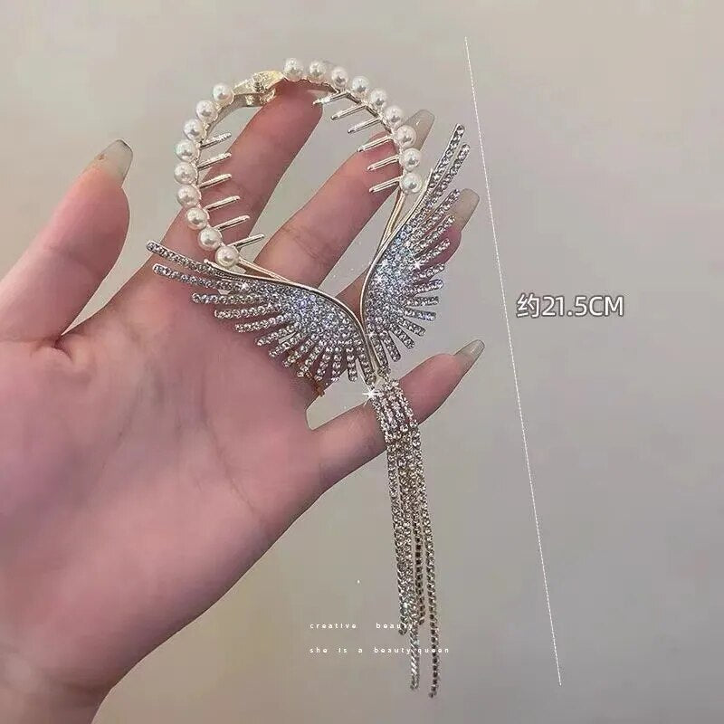 Pearl Or Rhinestone Ponytail Tassel Hair Clip.
