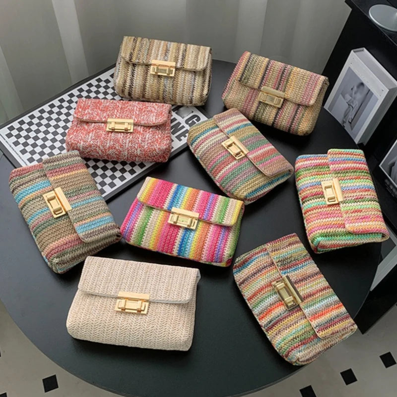 Women's Straw Rainbow Stripe Shoulder Crossbody Handbag With Chain Strap