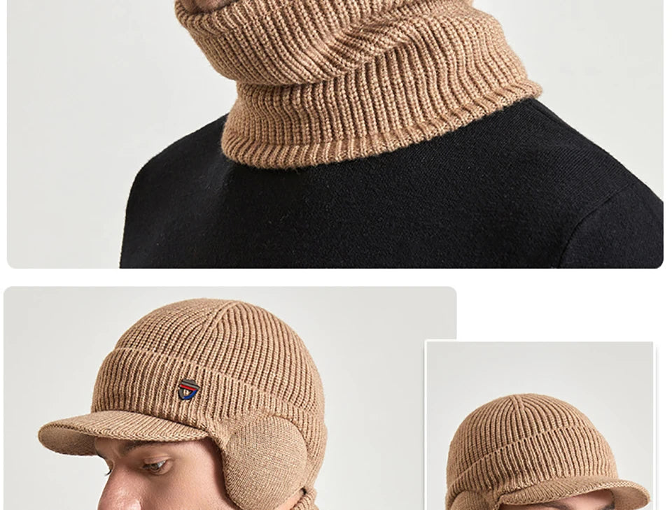 Men Or Women's Knitted Neck Scarf And Hat With Extra Ear Protection