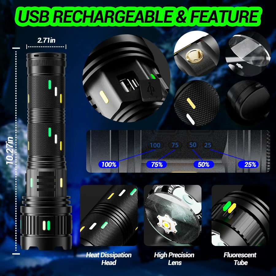 100W Rechargeable Long Range Zoomable LED Flashlight