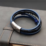 Blue Braided Leather Hexagram Bracelet With Stainless Steel Magnetic Clasp
