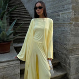 Women's 3 Piece Off Shoulder Sleeveless Cropped Tank Top With Elastic Wide Leg Pant And Long Cardigan