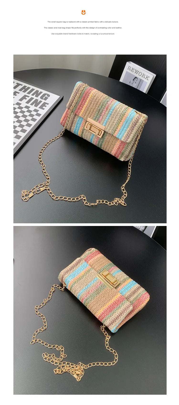 Women's Straw Rainbow Stripe Shoulder Crossbody Handbag With Chain Strap