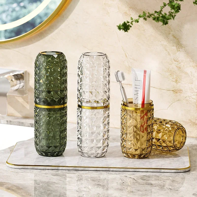 Light Luxury Diamond Pattern Travel Cup Toothpaste And Toothbrush Holder