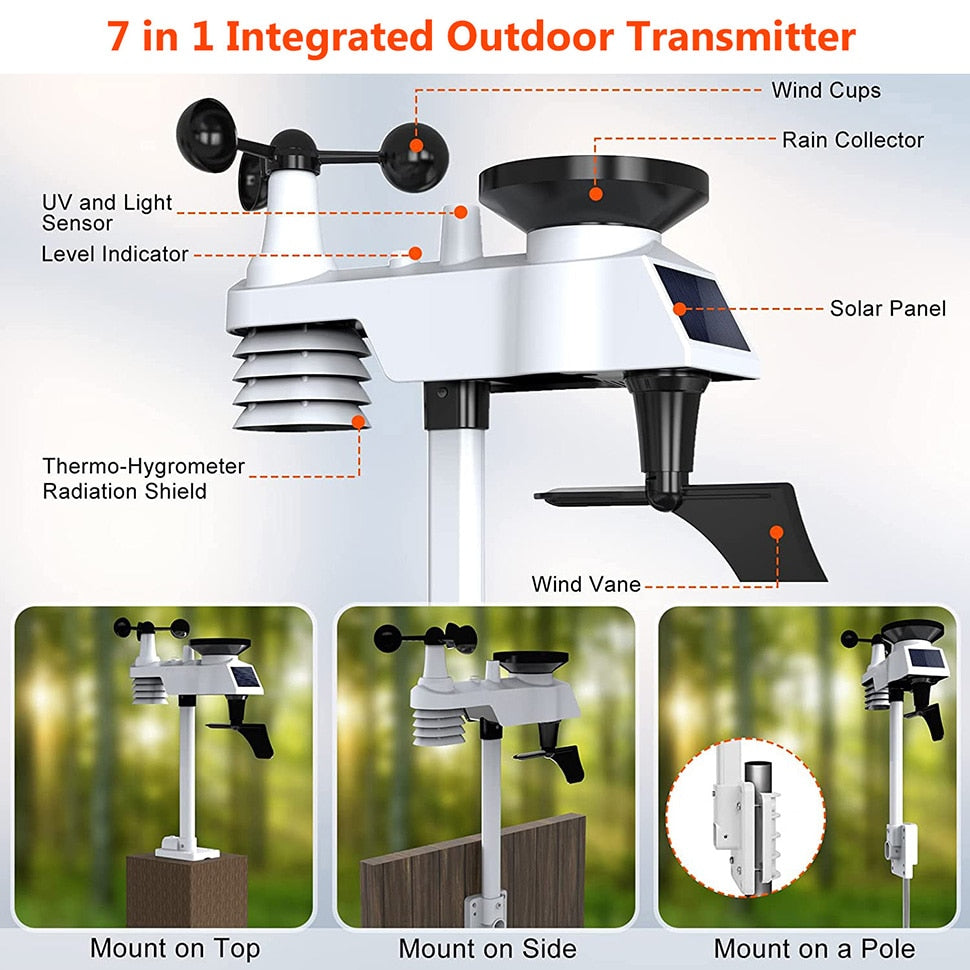 7-in-1 LoRa Weather Monitoring Station For Humidity, Wind Speed with Solar Indoor Outdoor Remote.