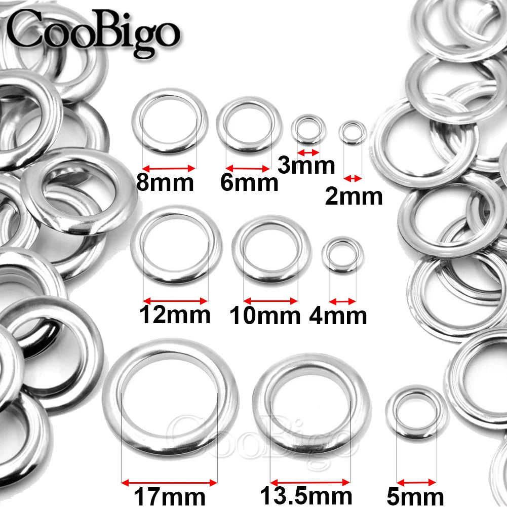 100/Set Metal Eyelet Grommet Rings Sizes 2mm 3mm 4mm 5mm 6mm 8mm 10mm 12mm 14mm 17mm