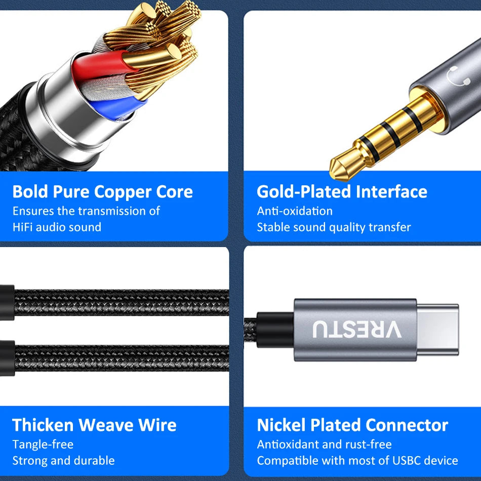 Type C to 3.5mm Jack AUX Cable Audio DAC Chip 4 Poles Microphone 3 5 HiFi Headset Adapter for Samsung Google Pixel Huawei Xiaomi