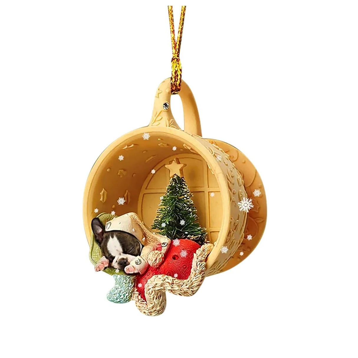 Hanging Christmas Tree Decorations Of Cute Dog sleeping in Cup.