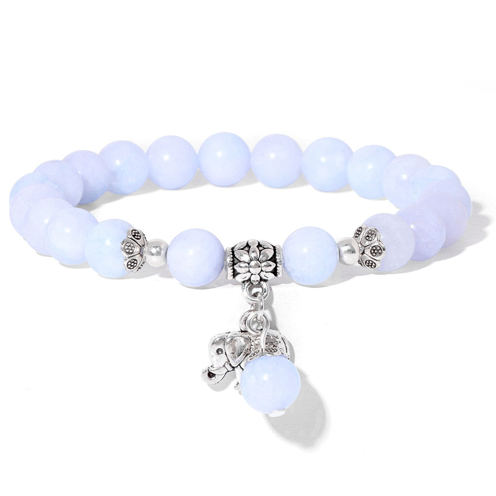Ladies blue amazonite beaded bracelet with a metal elephant charm.