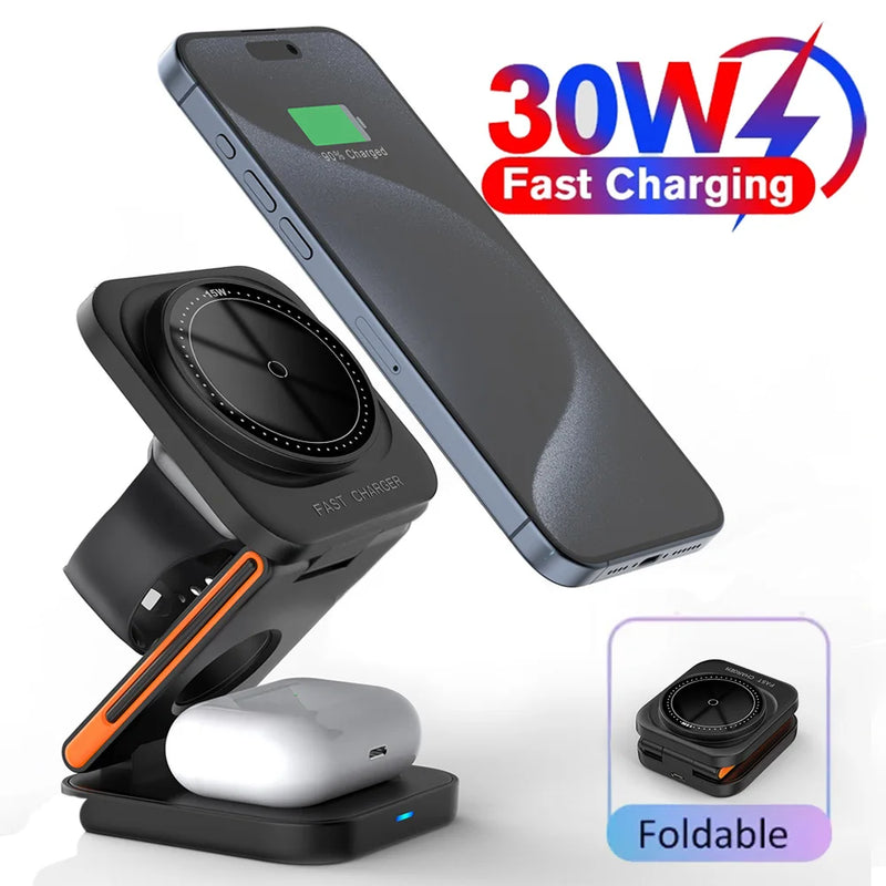 30W 3 in 1 Magnetic Foldable Wireless Charging Station for iPhone 16 15 14 13Pro Apple Watch 8 9 Airpods