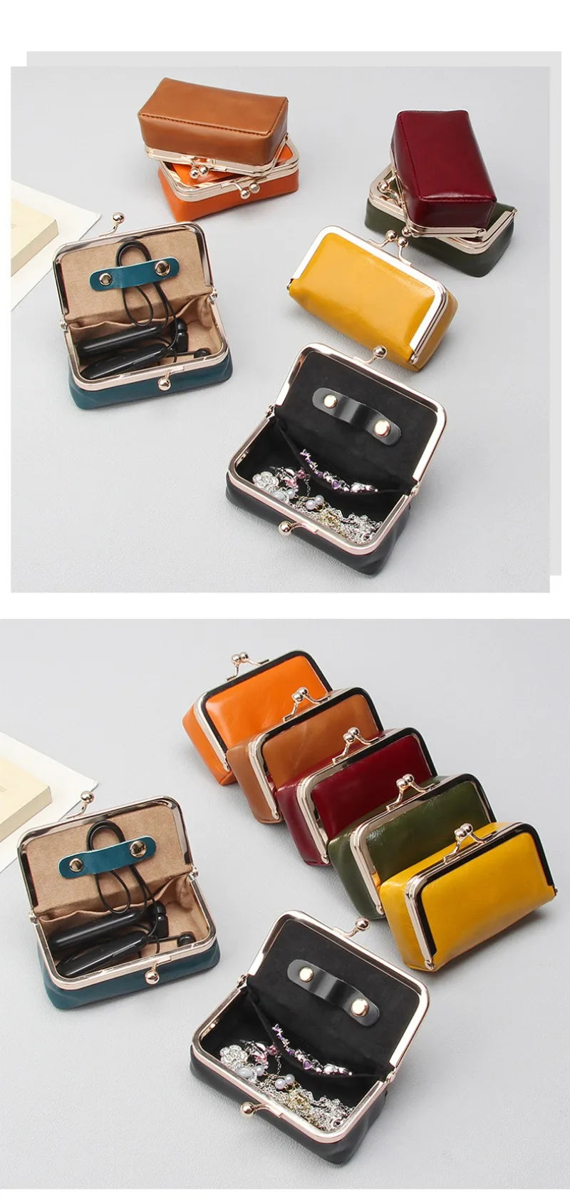 Compact Genuine Leather Kiss-Lock Mini Accessorie Pouch